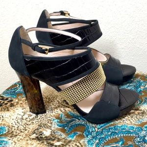 New Escada 37.5 Black Croc Suede Gold Beaded Tortoise Heels